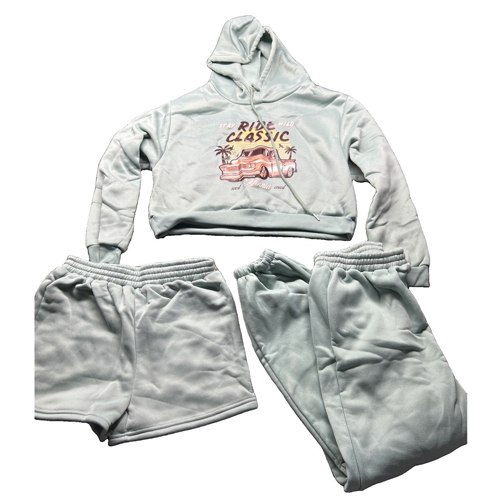 Shein 3 Piece Set Large Cropped Hoodie Classic Trucks California Joggers Shorts